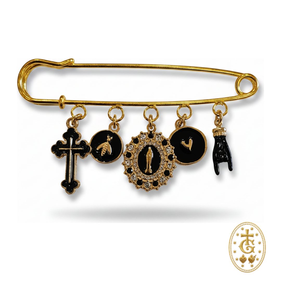 Grande broche charms noir doré symboles sacrés protection bijou statement artisanal corse Bastia Gloriosa