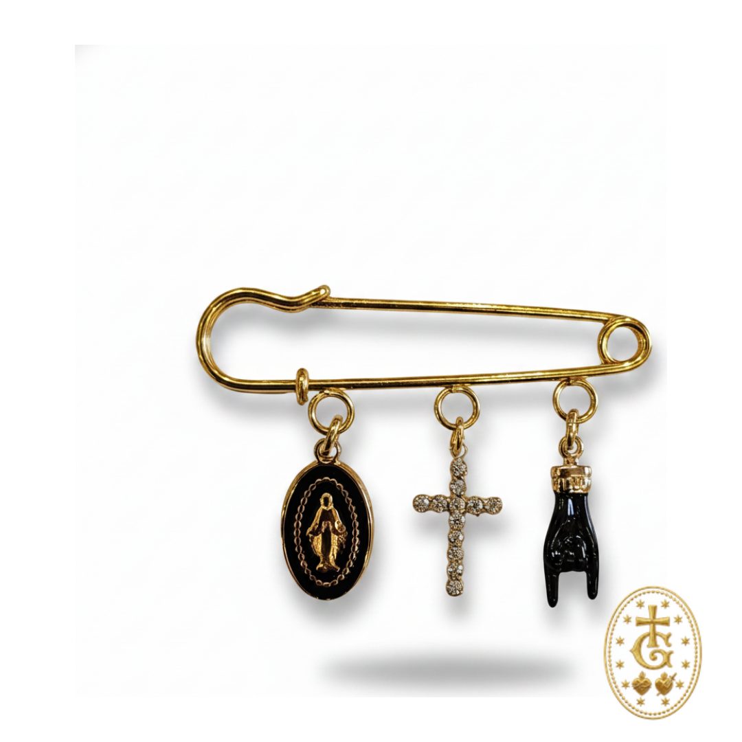 Broche charms noir dorée croix sacrée Vierge main de protection bijou artisanal corse Bastia Gloriosa