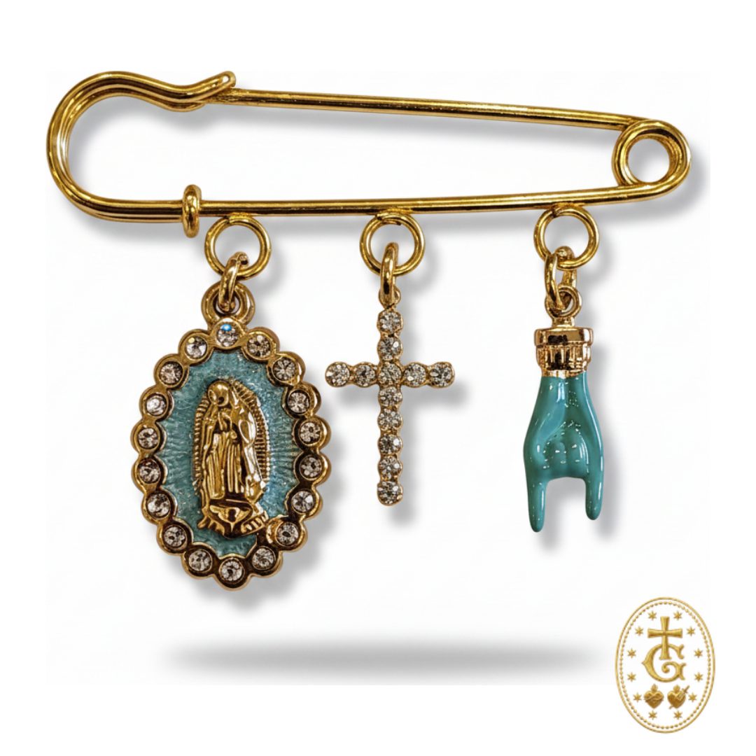 Broche charms bleu dorée croix sacrée Vierge main de protection souvenir corse Bastia Gloriosa
