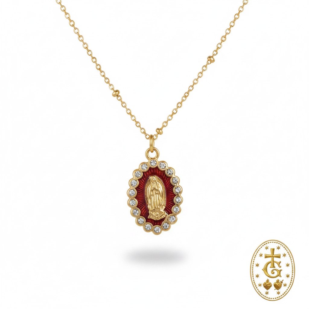 Collier médaille Madone émail strass doré rouge bijou religieux corse Gloriosa Santa