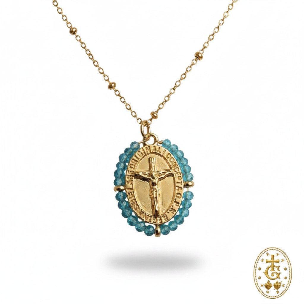 Collier médaille crucifix émail perles bleues acier doré vintage bijou religieux corse Gloriosa Santa