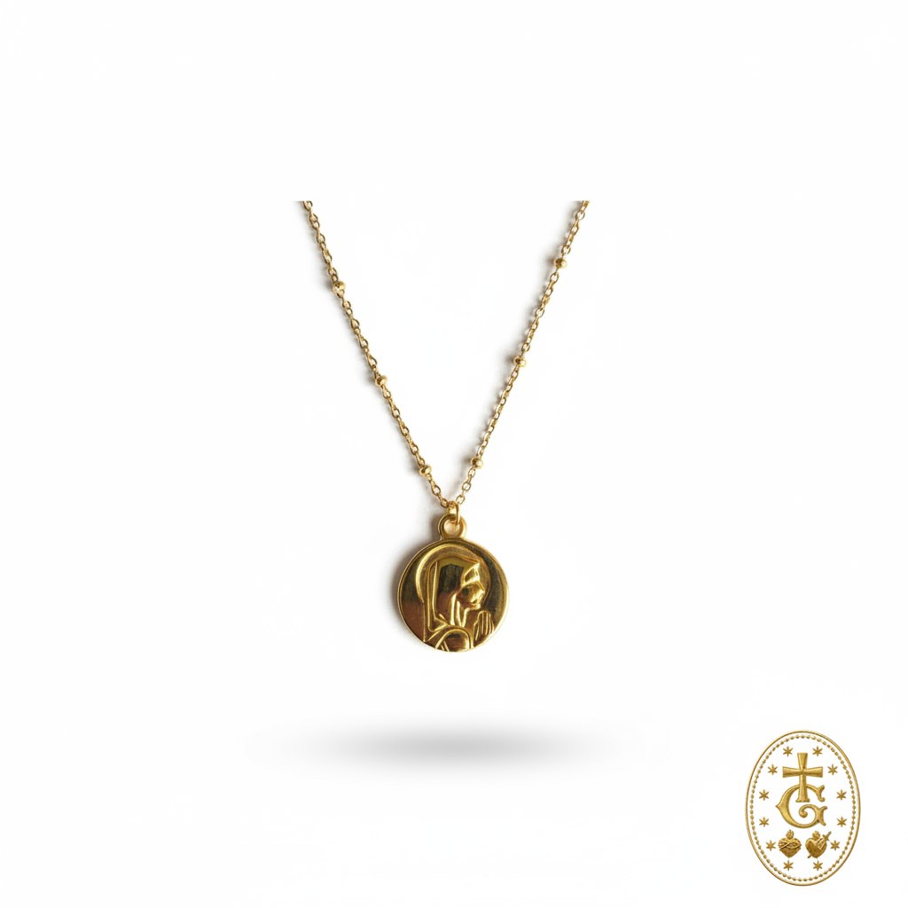 Collier doré avec médaillon rond Vierge Marie de profil sur chaîne satellite, gloriosa