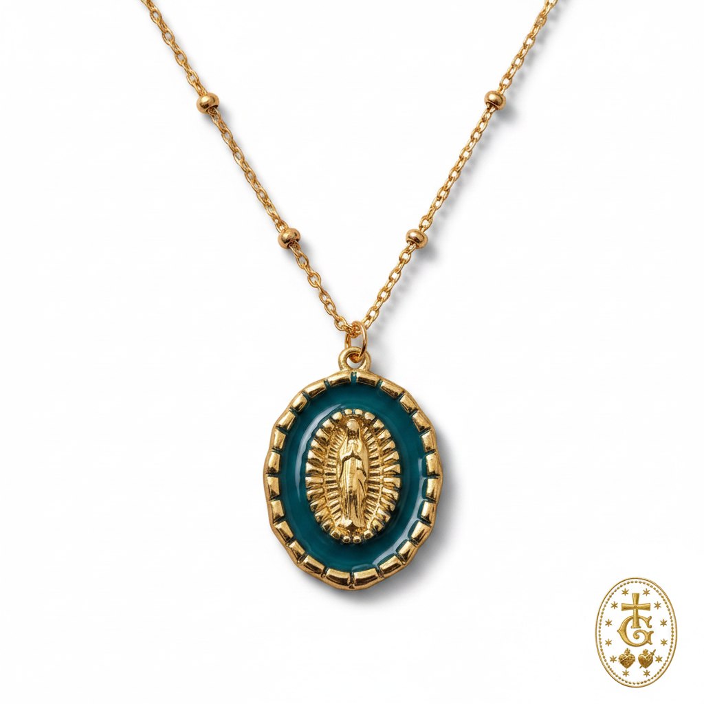Collier médaille Vierge Marie émail bleu canard doré acier inoxydable bijou religieux corse Gloriosa Santa