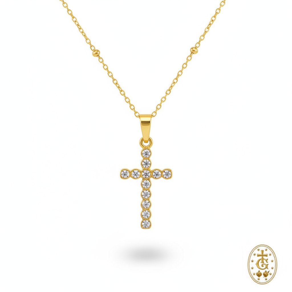 Collier croix fine cristal pavé doré Collection Pureté bijou religieux corse Gloriosa Santa
