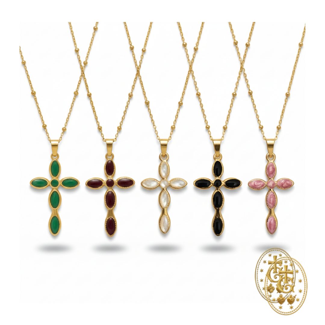 Collier Croix Émail & Pierre Centrale — 5 Coloris 3,3 cm