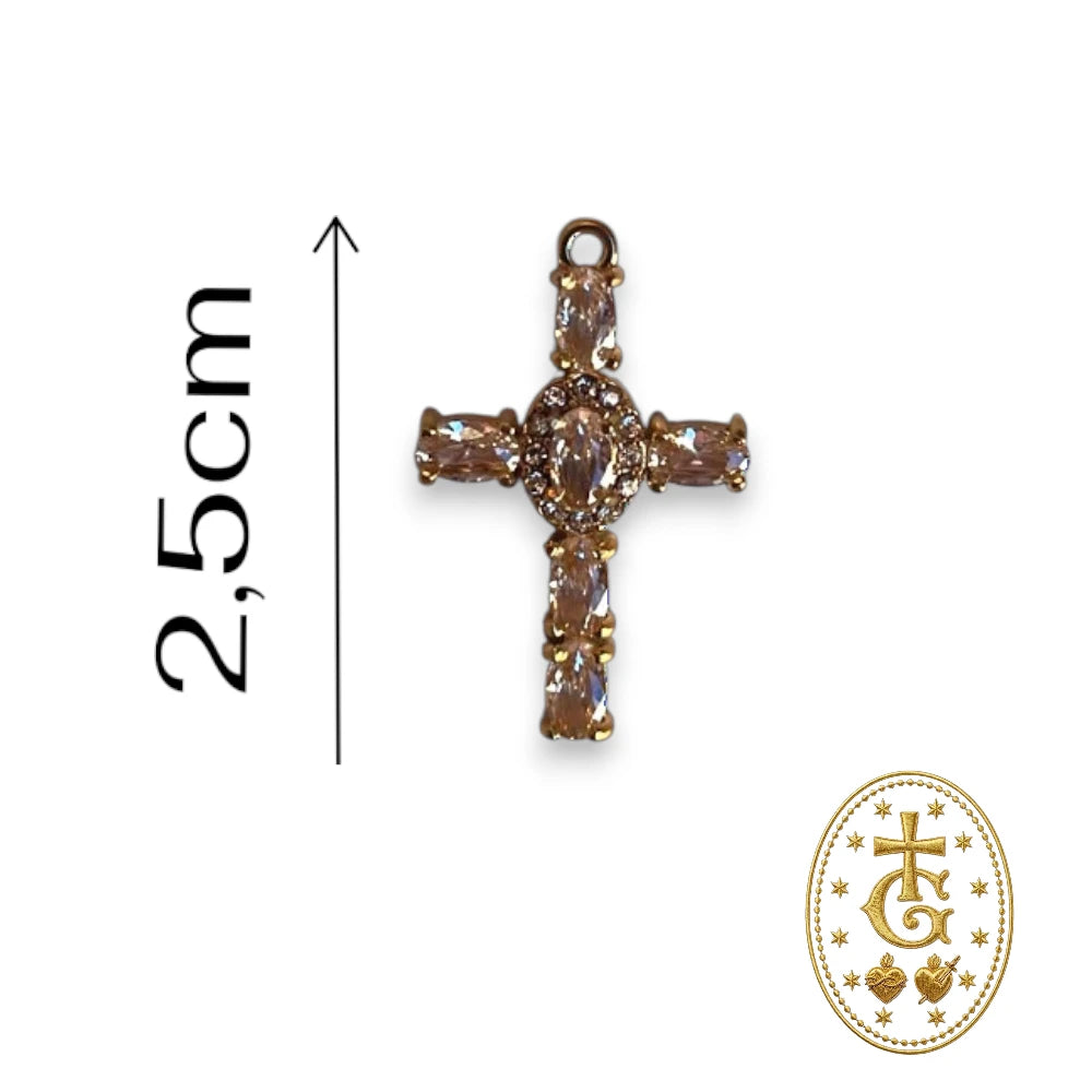 Dimensions de la croix cristal facetté et strass doré 2,5 cm, schéma de taille Gloriosa Santa
