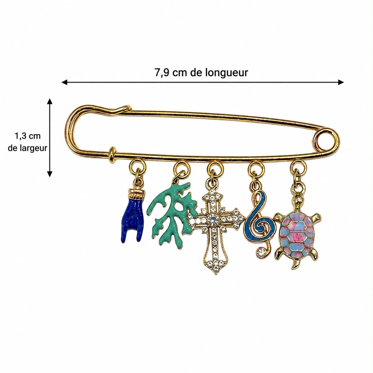 Dimensions de la grande broche charms noire et dorée, schéma de taille Gloriosa Santa